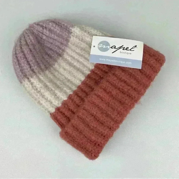 BOUTIQUE Women's OS Chunky Knit Stripe Beanie Sara Winter Hat Orange Cream Purpl - Picture 2 of 10